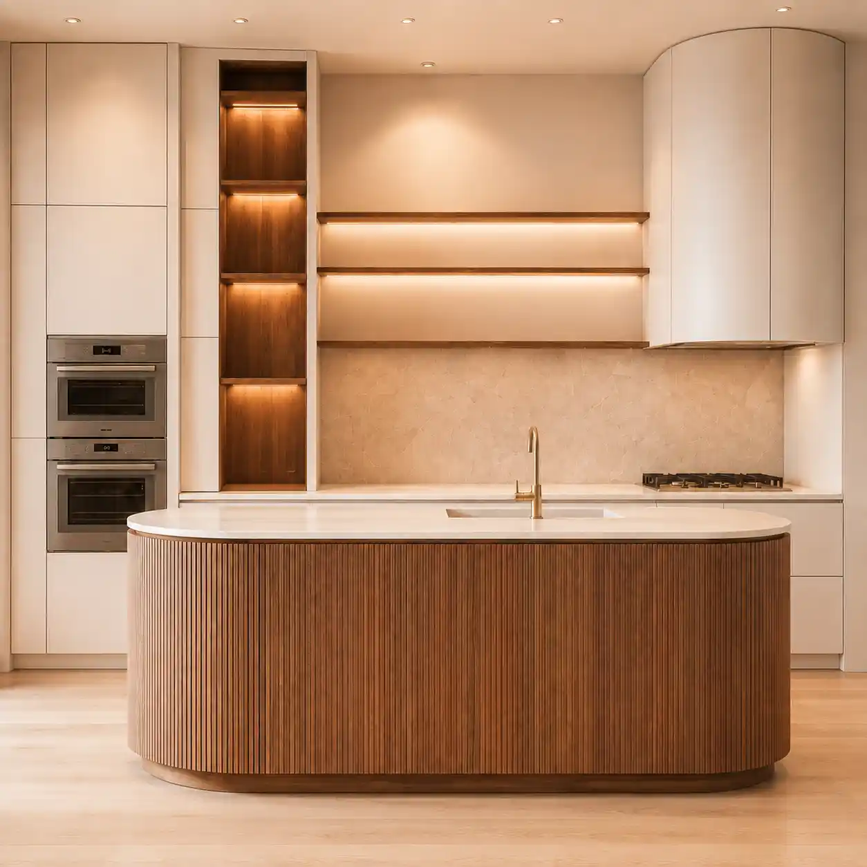 Two‑tone modern kitchen joinery, curved range hood cover, illuminated open display shelving, built‑in ovens, quartz benchtop