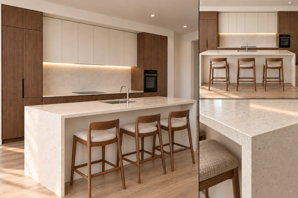 VCCUCINE-PWEAW Modern White-Walnut Melamine Kitchen Cabinetry with Light Quartz Island for AU Apartment Projects