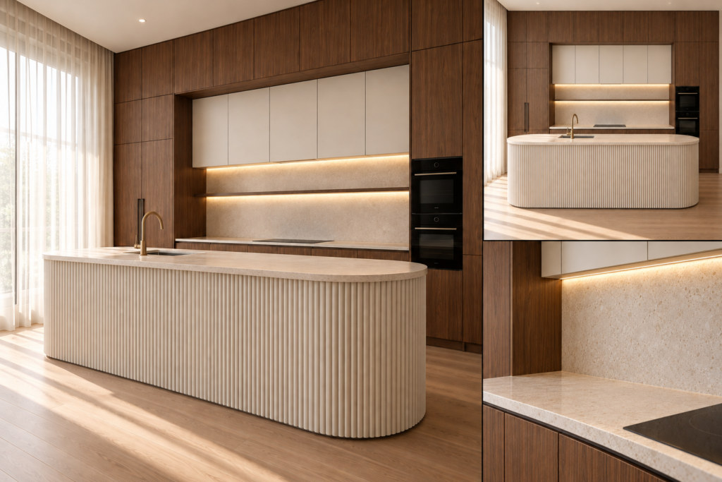 VCCUCINE-EAWFD003 Walnut-Veneer Kitchen Cabinetry with White Fluted Curved Island for AU Projects