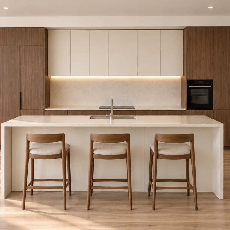 VCCUCINE-PWEAW Modern White-Walnut Melamine Kitchen Cabinetry with Light Quartz Island for AU Apartment Projects