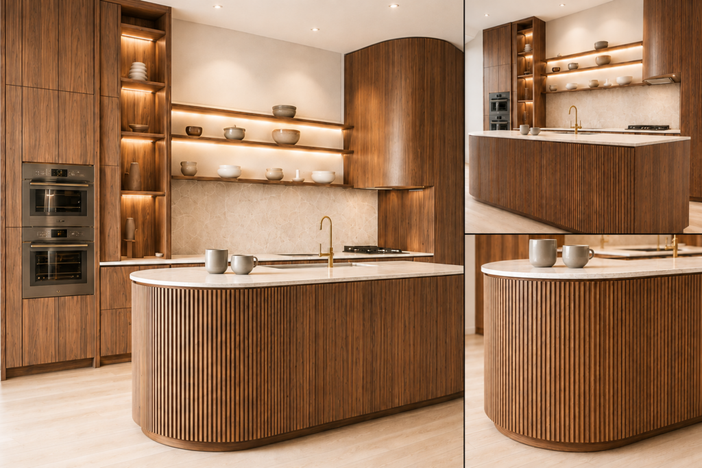 VCCUCINE-WNFD004 Modern Walnut-Veneer Kitchen Cabinetry with Walnut Fluted Curved Island for AU Projects