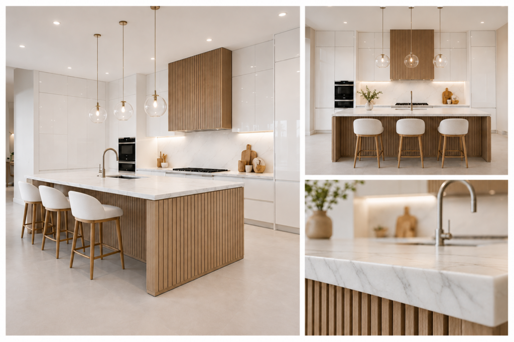 VCCUCINE-OWFD004-Modern White High-Gloss Lacquer Modern Kitchen Cabinetry with Natural Oak Fluted Island Eco-Friendly for Australia Wholesale