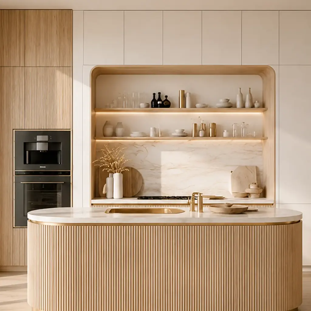 VCCUCINE-PWFD006 Modern White Melamine Kitchen Cabinetry with Curved Oak Fluted Island for AU Apartment Projects
