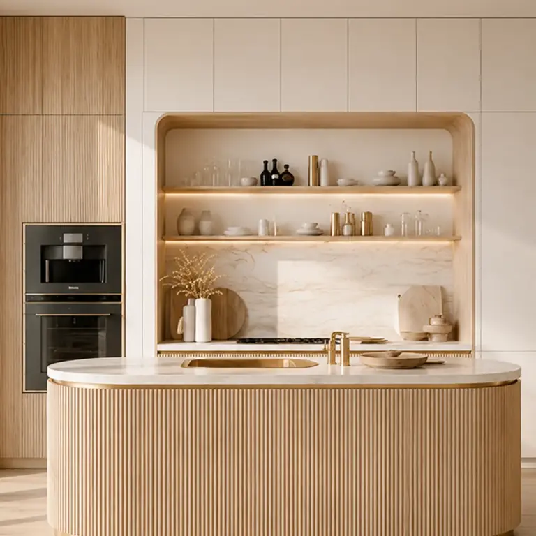 VCCUCINE-PWFD006 Modern White Melamine Kitchen Cabinetry with Curved Oak Fluted Island for AU Apartment Projects