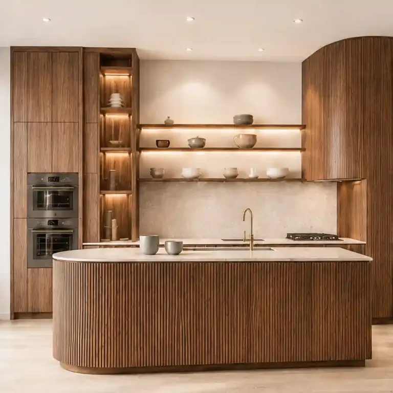 VCCUCINE-WNFD004 Modern Walnut-Veneer Kitchen Cabinetry with Walnut Fluted Curved Island for AU Projects
