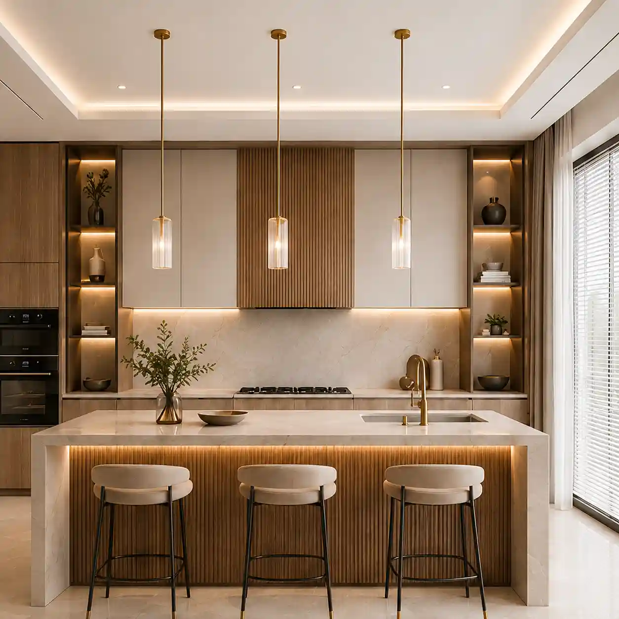 Two‑tone modern kitchen interior, mixed timber and light cabinet panels, LED‑lit glass display cabinets, long island with brass pendant light fixtures
