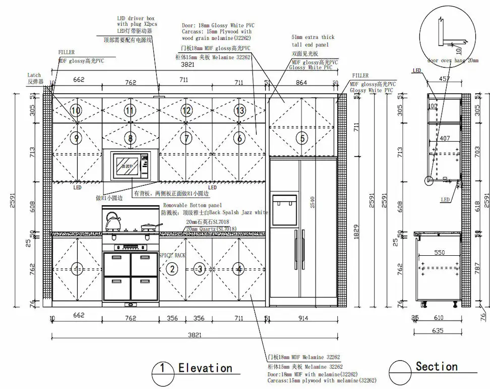 Foshan factory engineering drawings for an Australian kitchen cabinet project