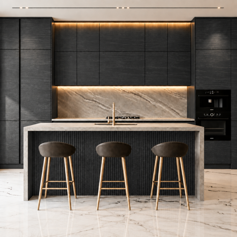 VCCUCINE-DASO Black-Oak Handleless Kitchen Cabinetry with Black Fluted Island for AU Apartment Projects