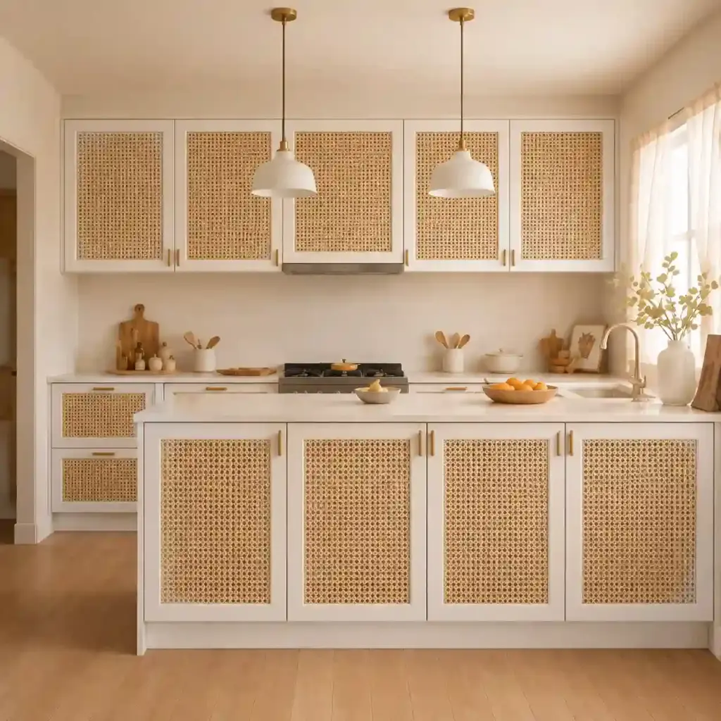VCCUCINE-PWRN007 Bohemian Vintage Coastal White Rattan Malemine Kitchen Cabinetry with Kitchen Island for Australian Project