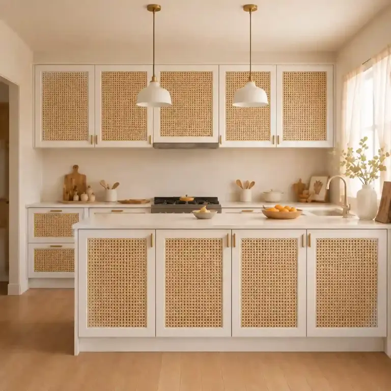 VCCUCINE-PWRN007 Bohemian Vintage Coastal White Rattan Malemine Kitchen Cabinetry with Kitchen Island for Australian Project