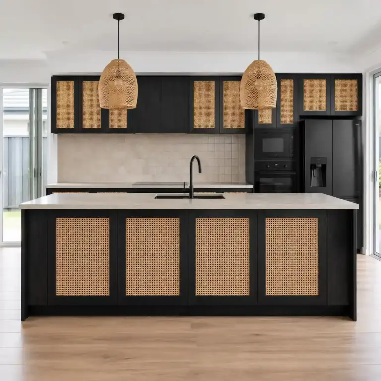 VCCUCINE-SORN006 Bohemian Handleless Coastal Black Charcoal Rattan Malamine Kitchen Cabinetry with Kitchen Island for Australian Project