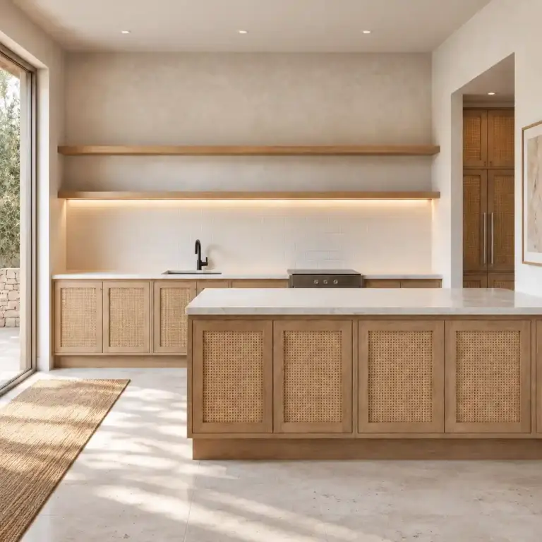 VCCUCINE-MNRN007 Bohemian Warm Minimalist Rattan Panel Kitchen Cabinetry with Kitchen Island for Australian Project