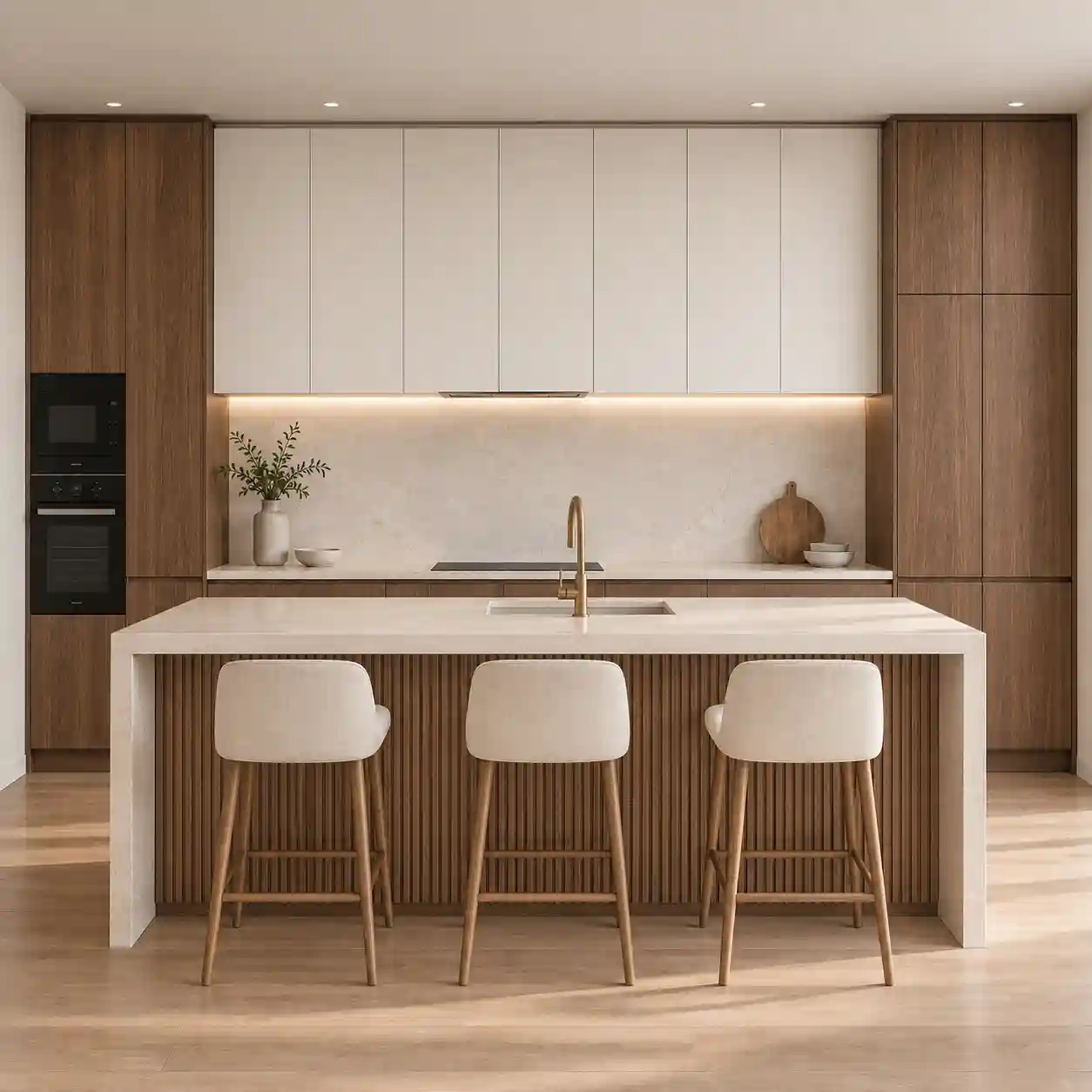 Modern two‑tone kitchen joinery, warm‑white flat‑panel upper cabinets, medium‑brown timber tall cabinetry, large kitchen island with bar stools, under‑cabinet LED strip lighting, built‑in oven for Australian residential renovation