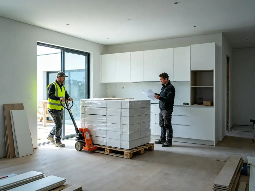 Pre-assembled kitchen cabinets on ISPM-15 pallet delivered to Australian builder project