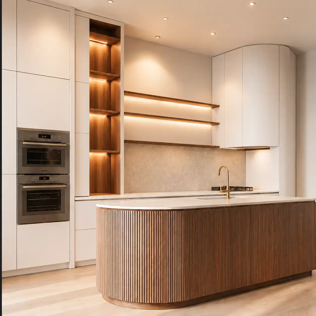 custom kitchen with curved hood surround, lit timber open shelves, integrated appliances, mixed wood and matte cabinet panels