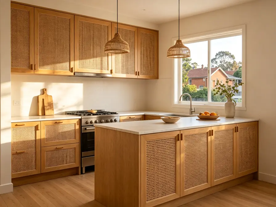Japandi style Australian kitchen with rattan door cabinets and warm timber island bench
