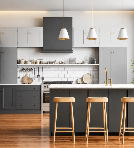 Charcoal grey and white shaker kitchen with white island bench, wooden bar stools and brushed brass hardware in an Australian Hampton's style home