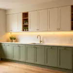 Sage green shaker base cabinets and off-white upper cabinets with brass tapware and under-cabinet LED strip in an Australian transitional kitchen