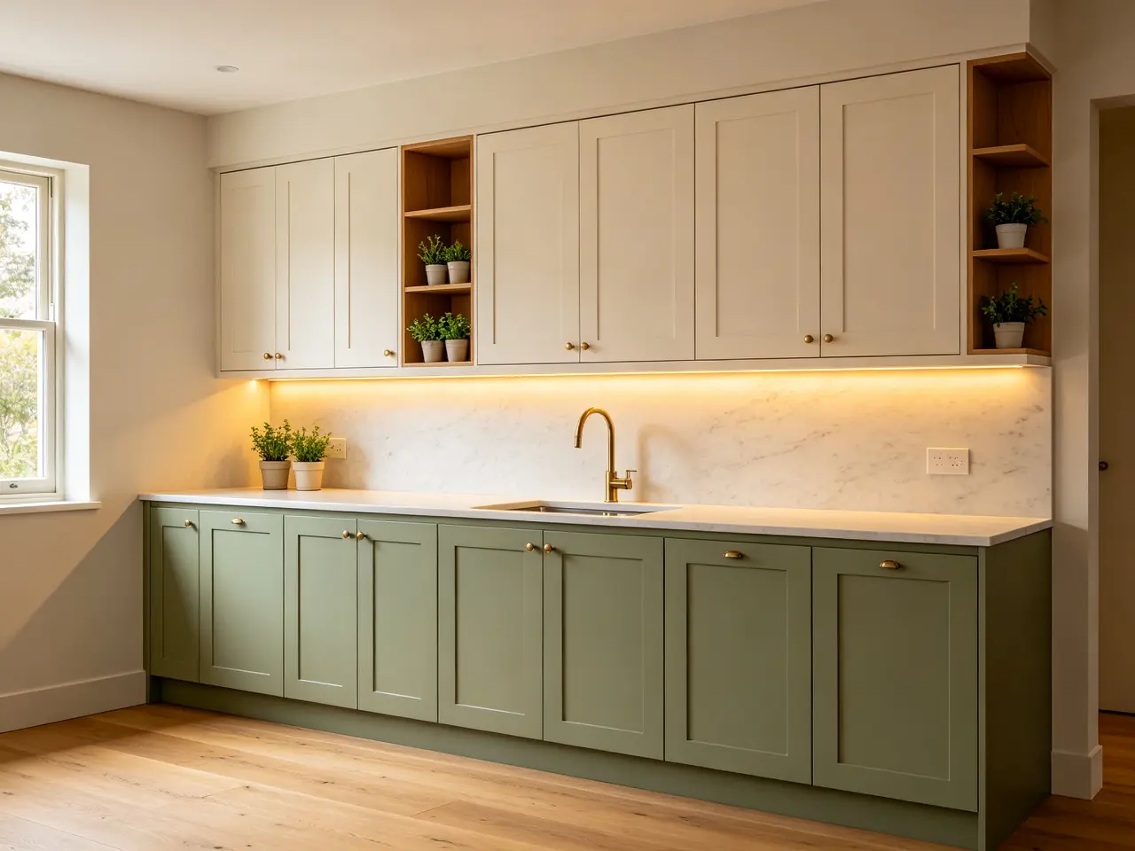 Sage green shaker base cabinets and off-white upper cabinets with brass tapware and under-cabinet LED strip in an Australian transitional kitchen