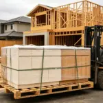 Strapped and shrink-wrapped pallet of pre-assembled kitchen cabinetry being unloaded by forklift on an Australian townhouse construction site