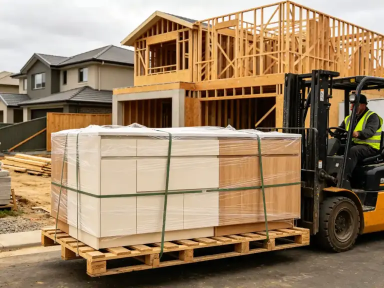Strapped and shrink-wrapped pallet of pre-assembled kitchen cabinetry being unloaded by forklift on an Australian townhouse construction site