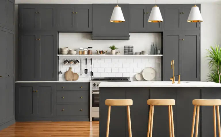 Charcoal grey shaker kitchen with white island bench, wooden bar stools and brushed brass hardware in an Australian Hampton's style home