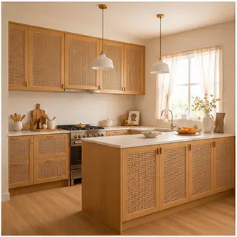 Japandi style kitchen with rattan kitchen cabinetry, white worktops and pendant lights