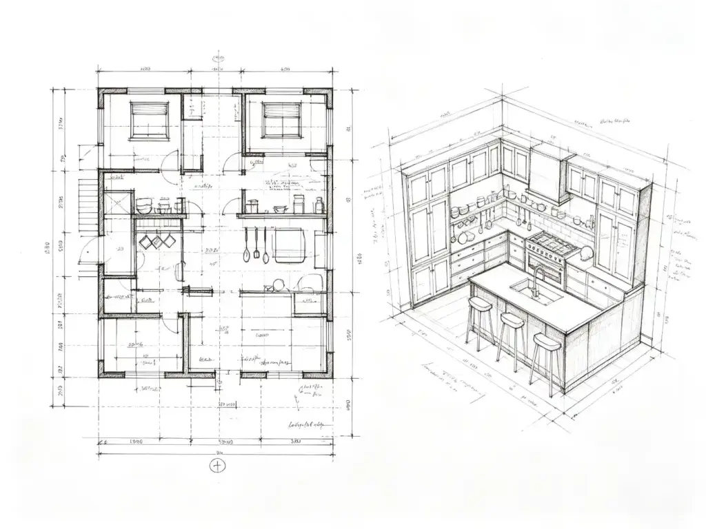 Architectural floor plan and isometric sketch of charcoal grey shaker kitchen with cabinet layout and dimensions