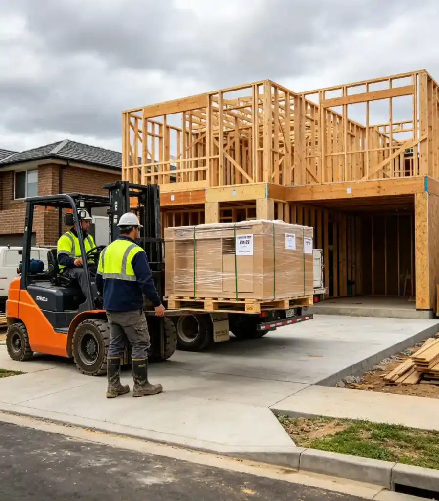 Palletised kitchen cabinetry Australian builder forklifting a labelled cabinetry pallet off a delivery truck onto a concrete slab, Melbourne townhouse under construction