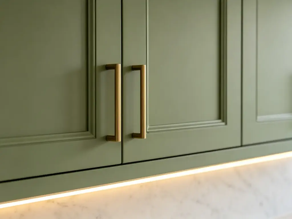 Close-up of sage green shaker cabinet door with brushed brass pull handle and under-cabinet LED strip