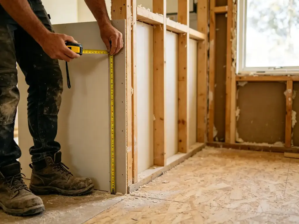 Australian joiner measuring a half-renovated kitchen wall with a tape measure, exposed wall studs