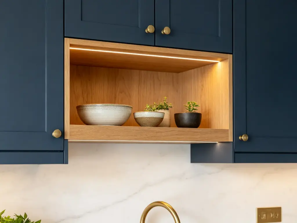 Open oak floating shelves with warm LED strip styled with ceramic bowls beneath matte navy blue wall cabinets