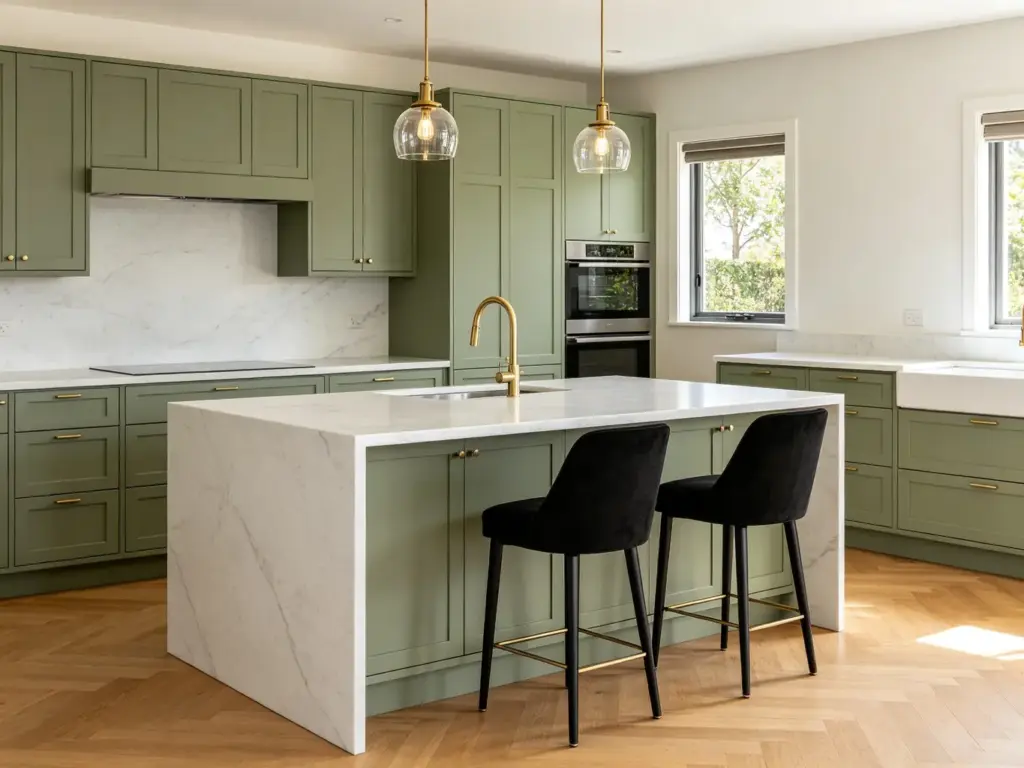 Kitchen island in sage green shaker kitchen cabinetry with white quartz benchtop and black bar stools