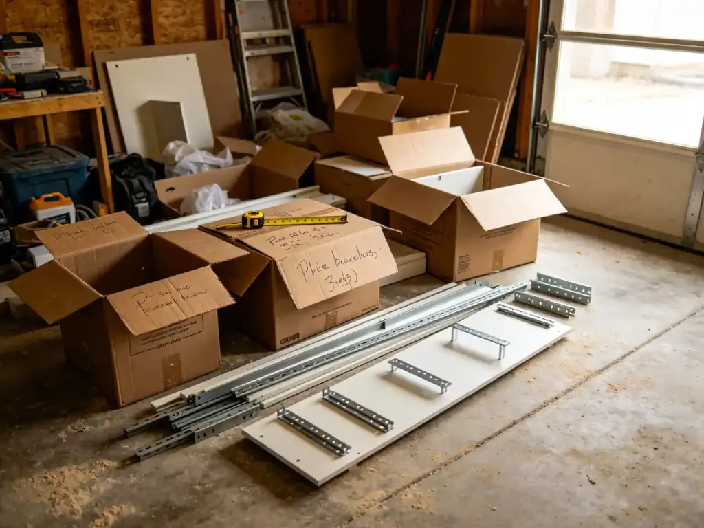 Open flat-pack kitchen cartons scattered across a dusty residential garage floor during an Australian renovation