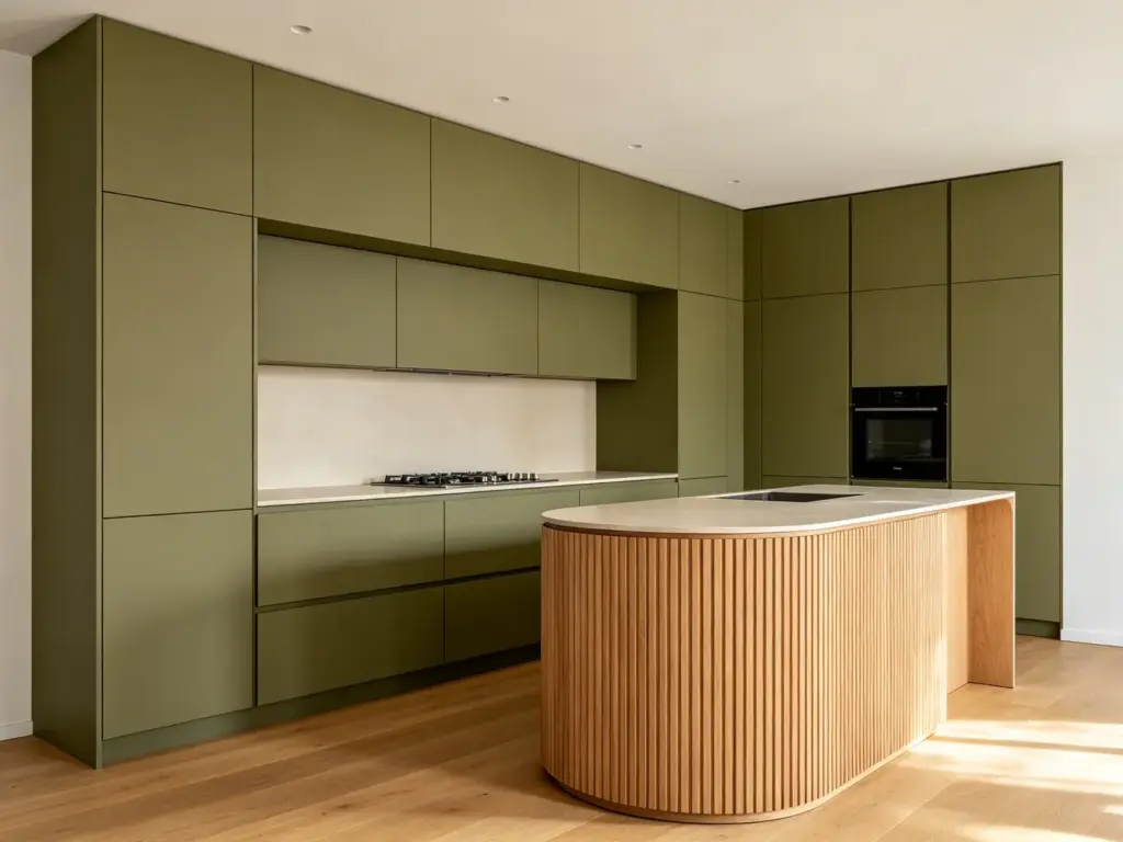 Completed high-end Australian kitchen with matte olive green 2PAC cabinetry and curved fluted oak island