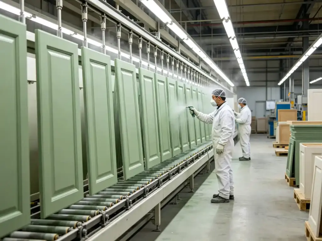 Workers in white overalls spraying sage green shaker cabinet doors on a factory paint line