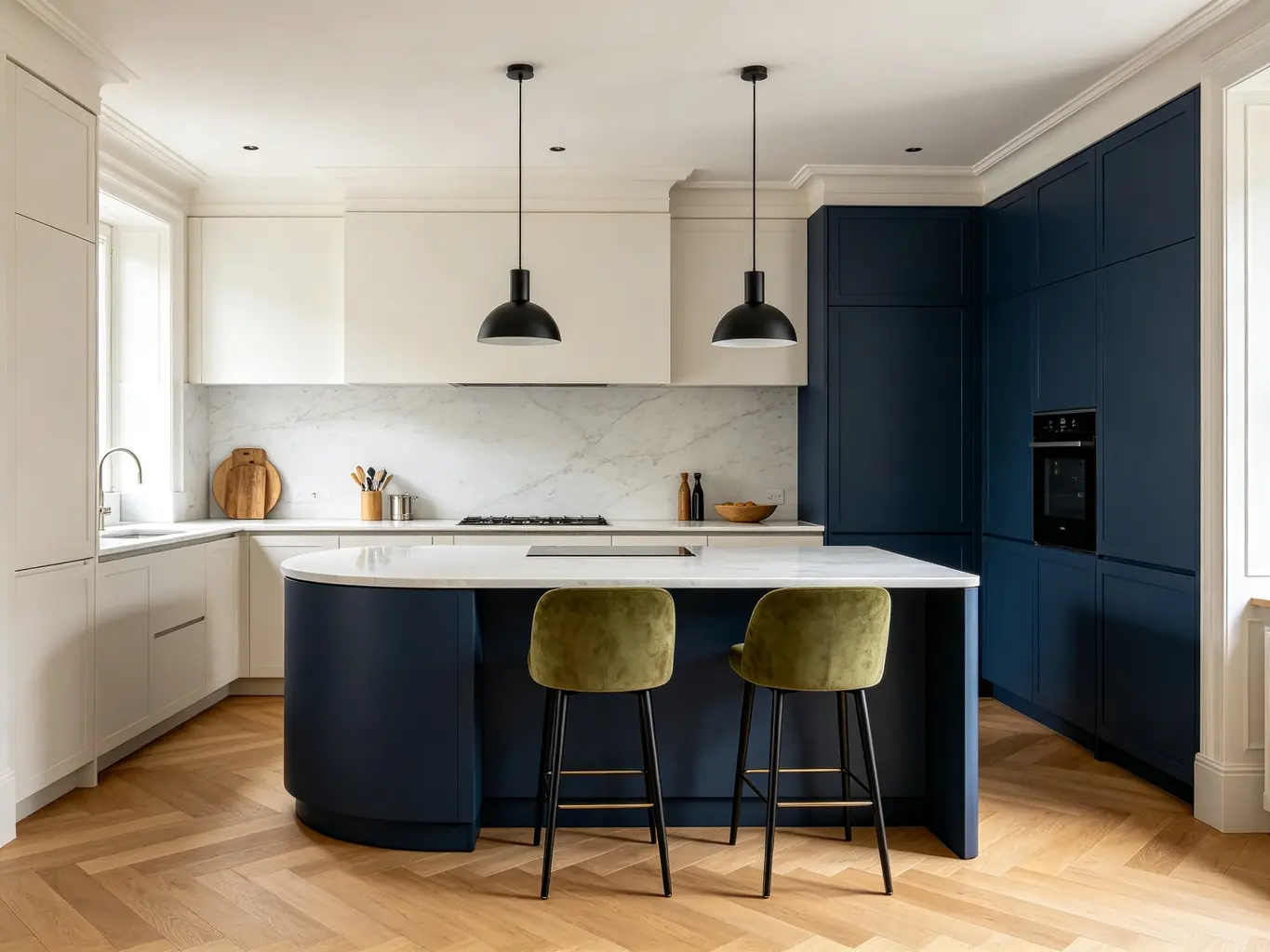 Two-tone kitchen with white perimeter cabinets and matte navy island bench, olive green velvet bar stools, herringbone floor