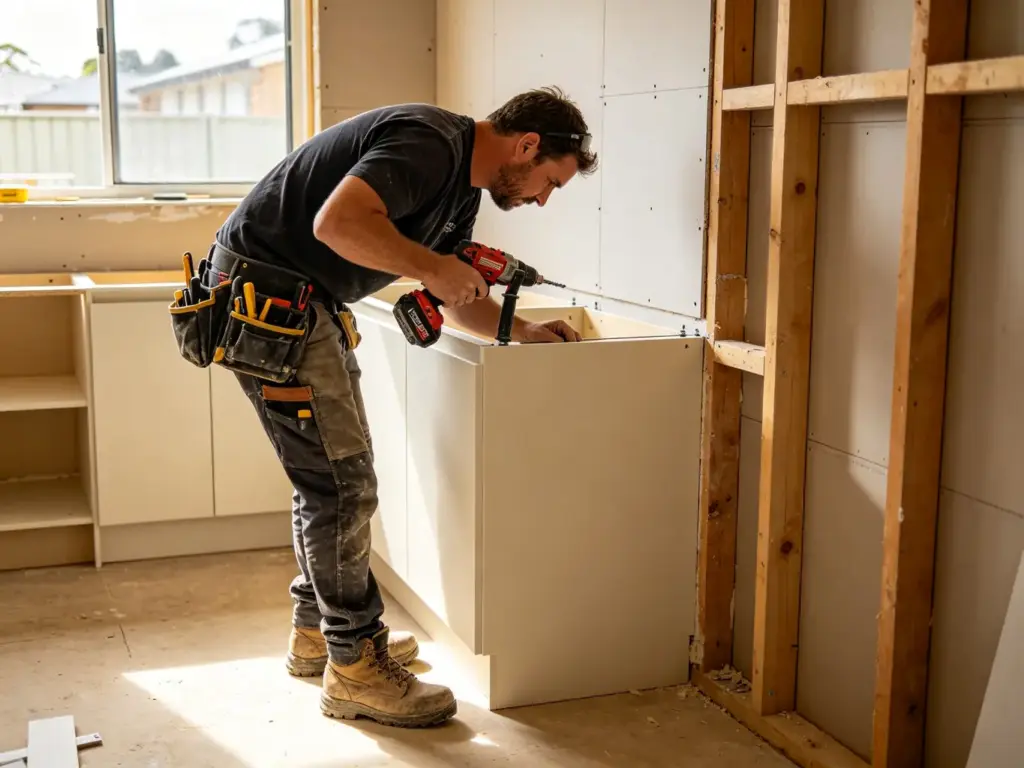 Australian joiner fixing a pre-assembled cream cabinet carcase directly onto wall battens on site