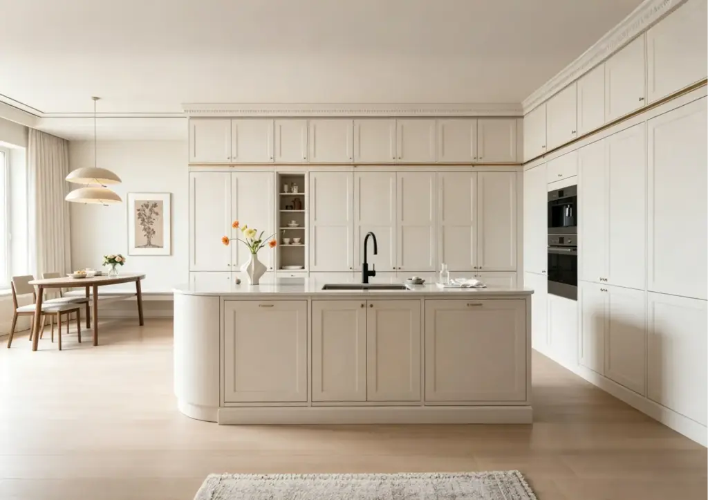 Cream white shaker lacquer kitchen with curved island and black gooseneck tap, light oak floors