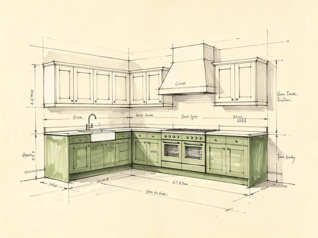 Hand-drawn kitchen layout sketch in sage green and off-white with millimetre dimension lines