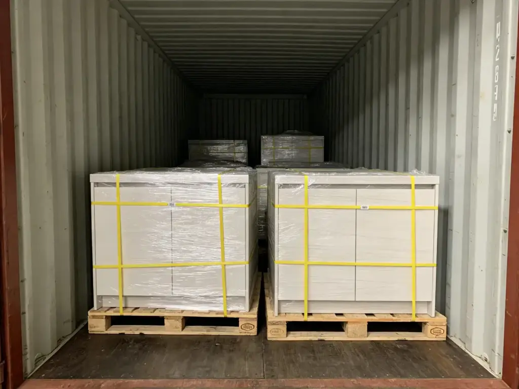 Kitchen cabinet carcases strapped on timber pallets inside a shipping container, ready for export to Australia