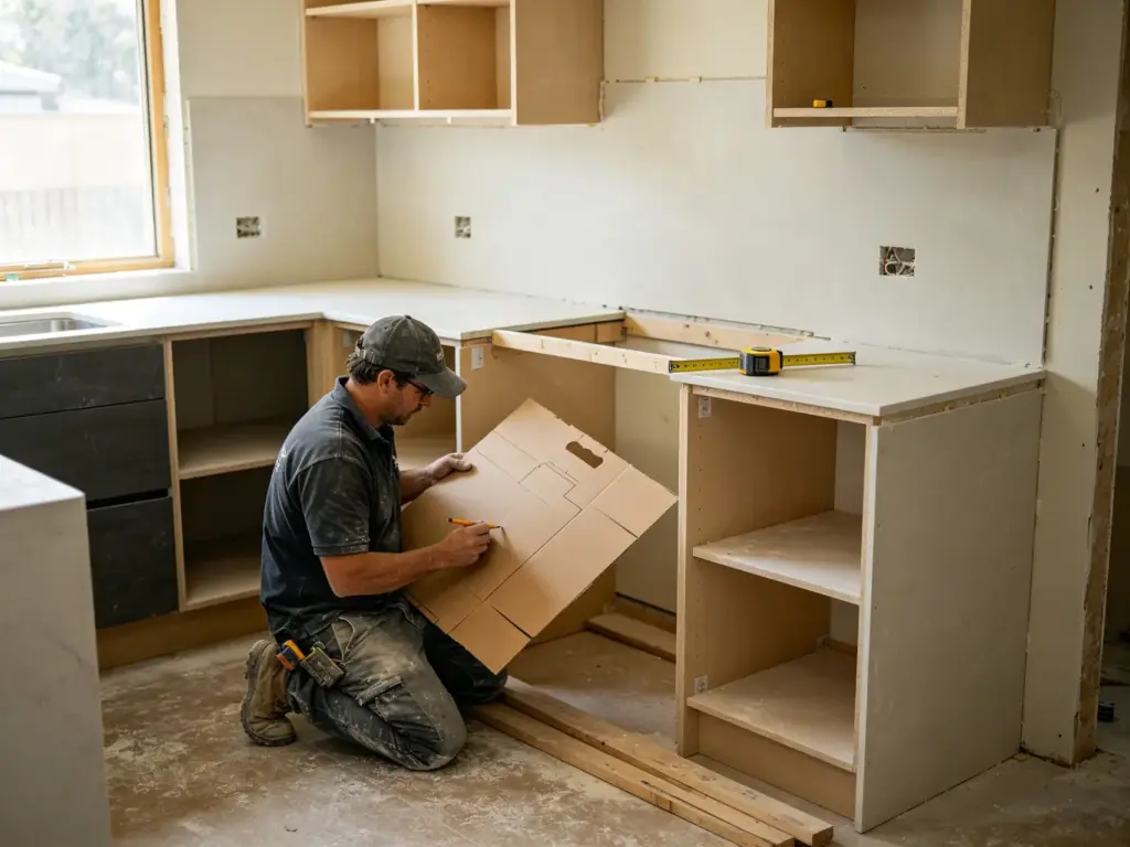 Renovation kitchen cabinetry stone templater fitting a cardboard template to fixed cabinet carcases on an Australian renovation site