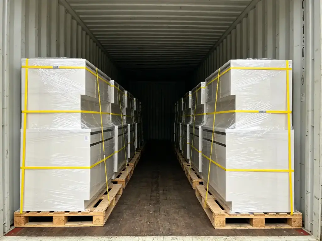 Kitchen cabinet carcases strapped on timber pallets inside a shipping container, ready for export