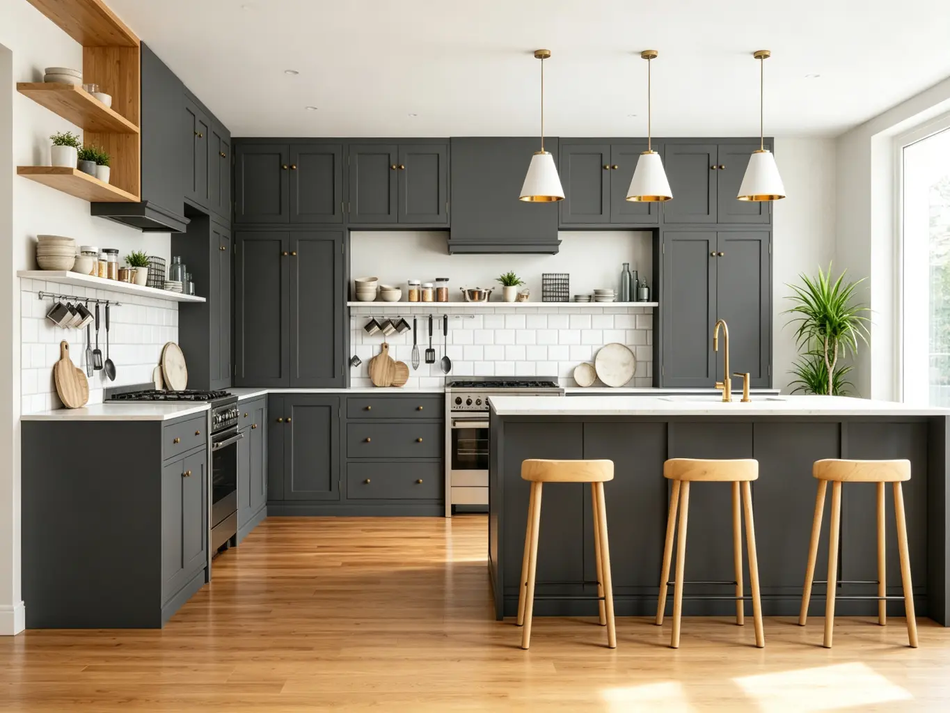 Left side view of charcoal grey shaker kitchen with white island bench, open oak shelving and wooden bar stools
