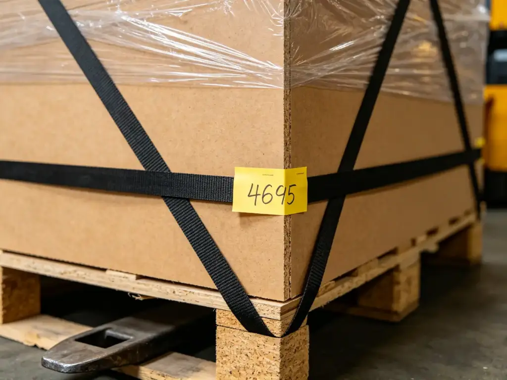 Close-up of strapped cabinetry pallet edge with handwritten unit number label and forklift forks