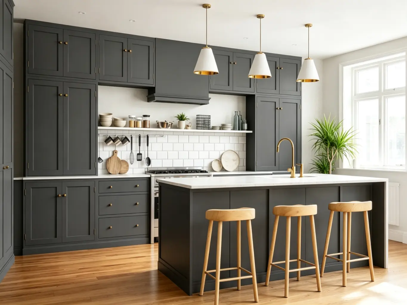 Right side view of charcoal grey shaker kitchen with white island bench, farmhouse sink and wooden bar stools