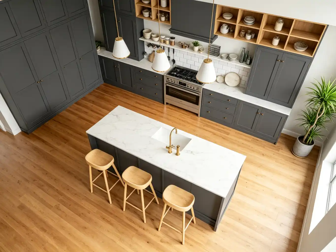 Overhead view of charcoal grey shaker kitchen with white marble island bench and wooden bar stools