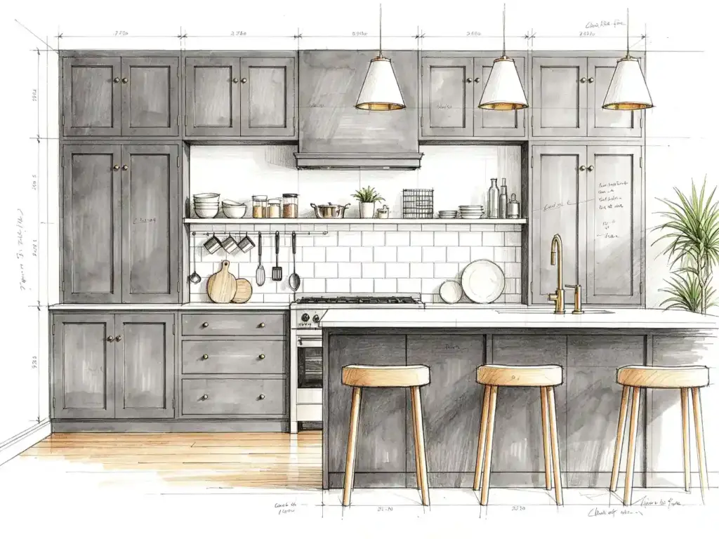 Hand-drawn watercolour sketch of charcoal grey shaker kitchen with dimension lines