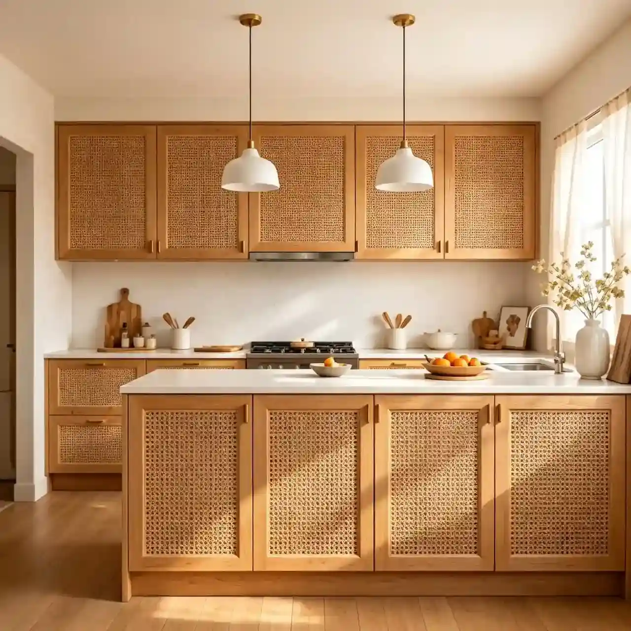 Japandi kitchen with rattan woven island cabinet, open timber shelves and warm ceramic decor