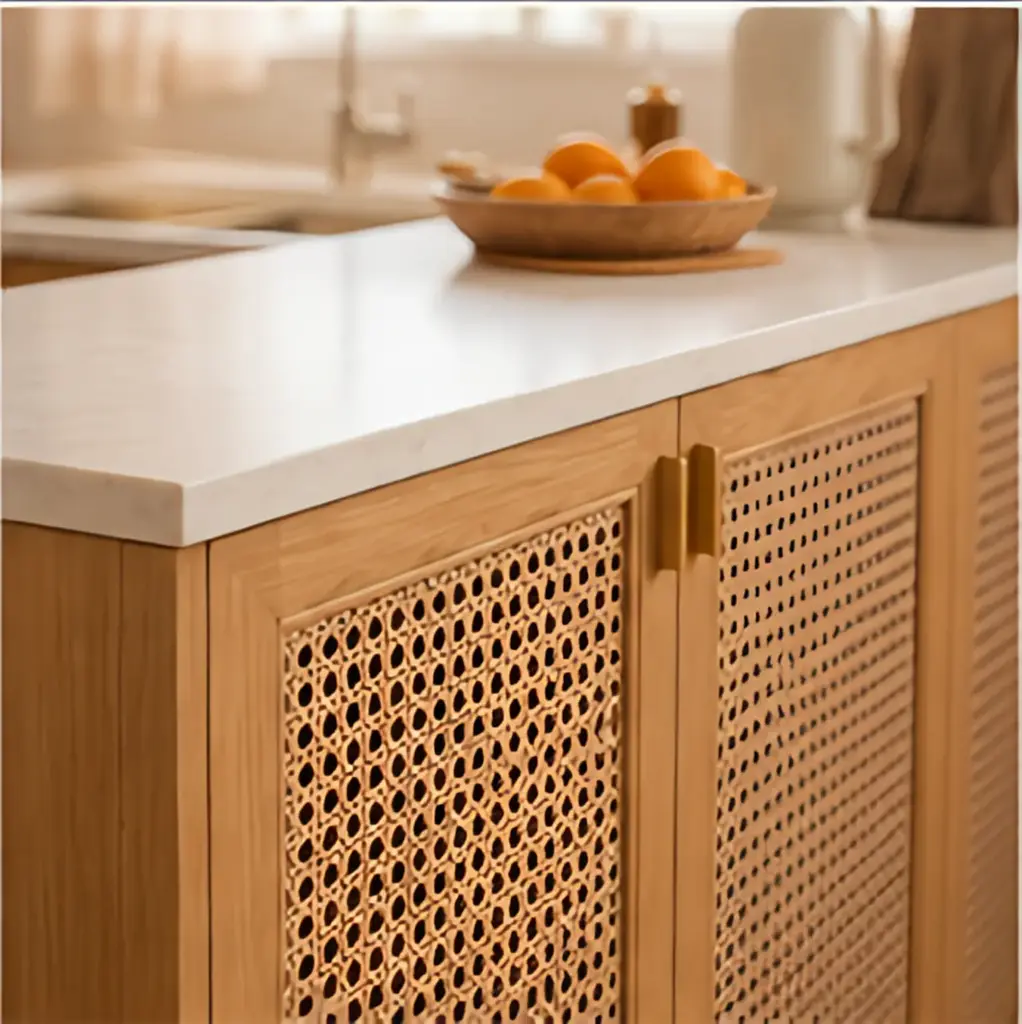 Close-up of rattan webbing cabinet doors with slim metal handles, Japandi minimalist design